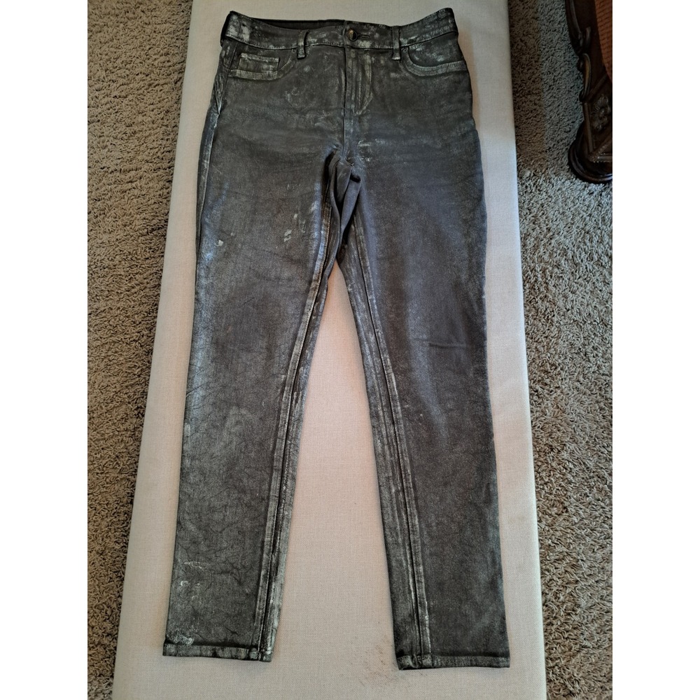 Chicos The Platinum Jegging Metallic Silver Foil Grey Denim Slim Pants Size 1
